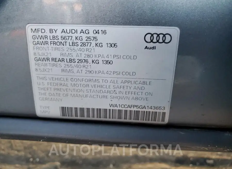 AUDI SQ5 PREMIU 2016 vin WA1CCAFP5GA143653 from auto auction Copart