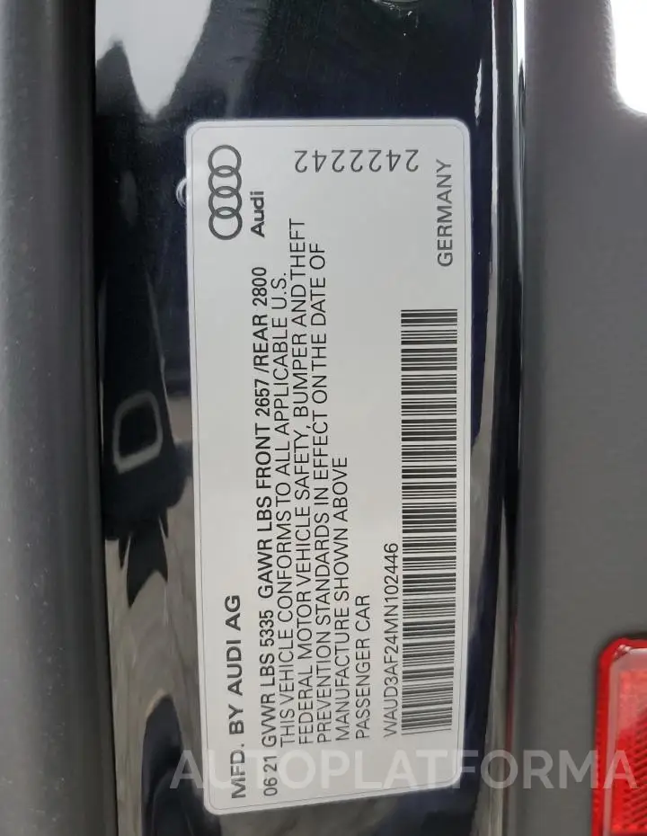 AUDI A6 PREMIUM 2021 vin WAUD3AF24MN102446 from auto auction Copart