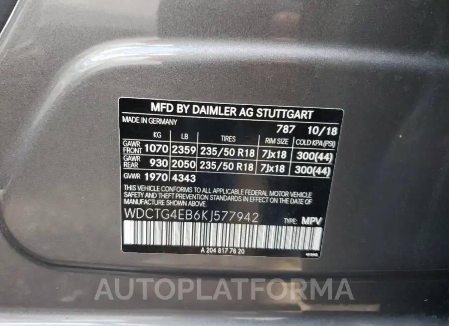 MERCEDES-BENZ GLA 250 2019 vin WDCTG4EB6KJ577942 from auto auction Copart