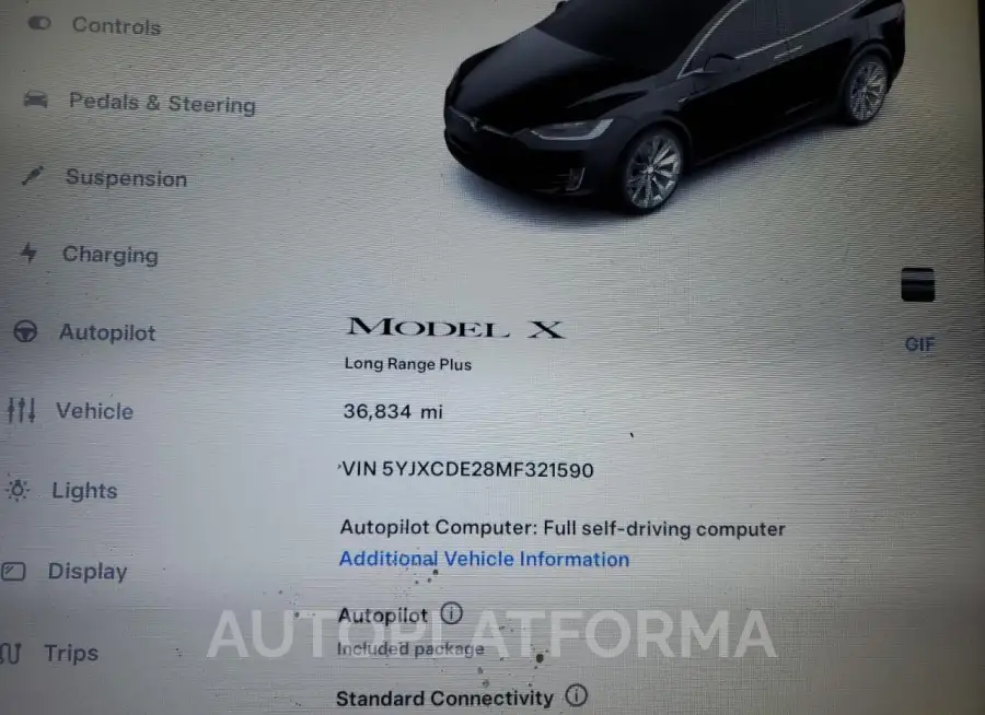 TESLA MODEL X 2021 vin 5YJXCDE28MF321590 from auto auction Copart