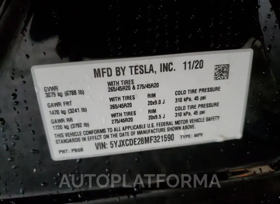 TESLA MODEL X 2021 vin 5YJXCDE28MF321590 from auto auction Copart