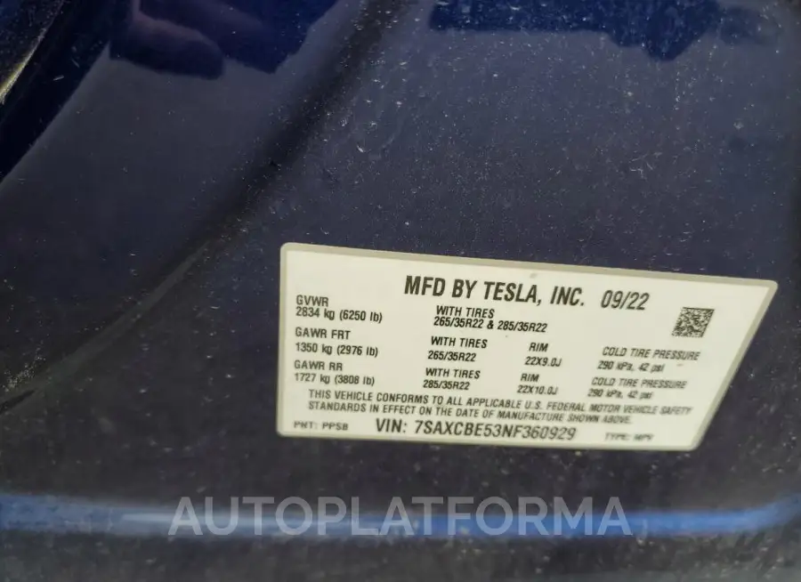 TESLA MODEL X 2022 vin 7SAXCBE53NF360929 from auto auction Copart