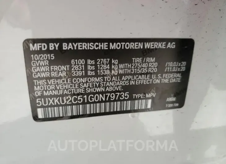 BMW X6 XDRIVE3 2016 vin 5UXKU2C51G0N79735 from auto auction Copart