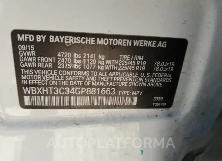 BMW X1 XDRIVE2 2016 vin WBXHT3C34GP881663 from auto auction Copart