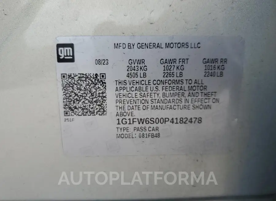 CHEVROLET BOLT EV 1L 2023 vin 1G1FW6S00P4182478 from auto auction Copart