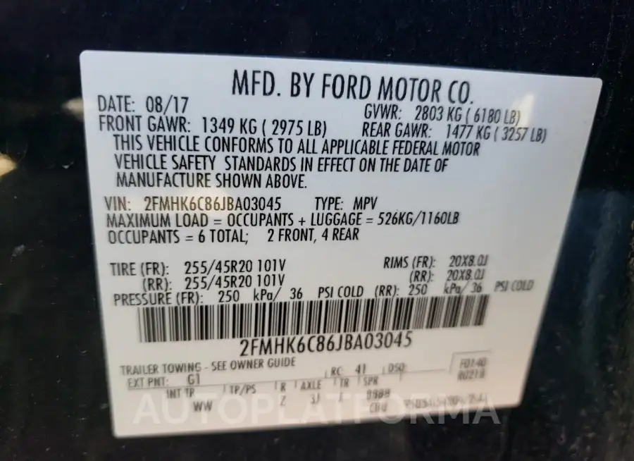 FORD FLEX SEL 2018 vin 2FMHK6C86JBA03045 from auto auction Copart