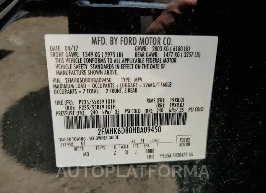 FORD FLEX 2017 vin 2FMHK6D80HBA09450 from auto auction Copart