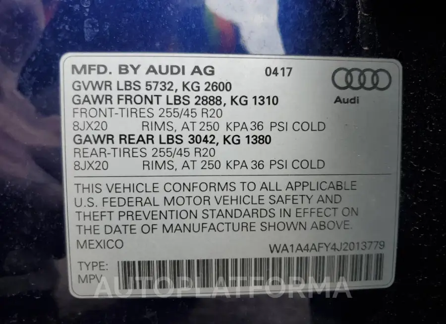 AUDI SQ5 PREMIU 2018 vin WA1A4AFY4J2013779 from auto auction Copart