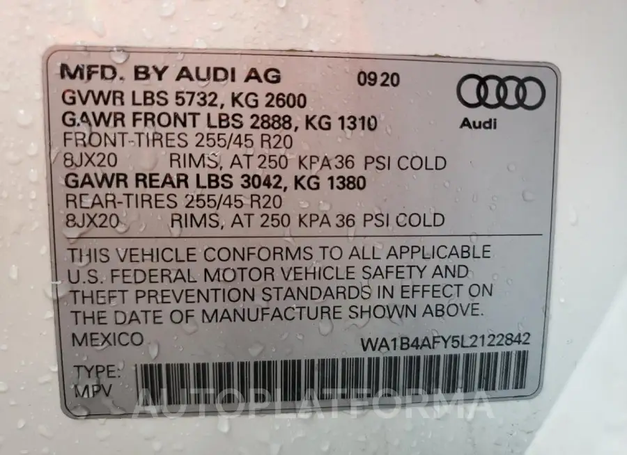 AUDI SQ5 PREMIU 2020 vin WA1B4AFY5L2122842 from auto auction Copart