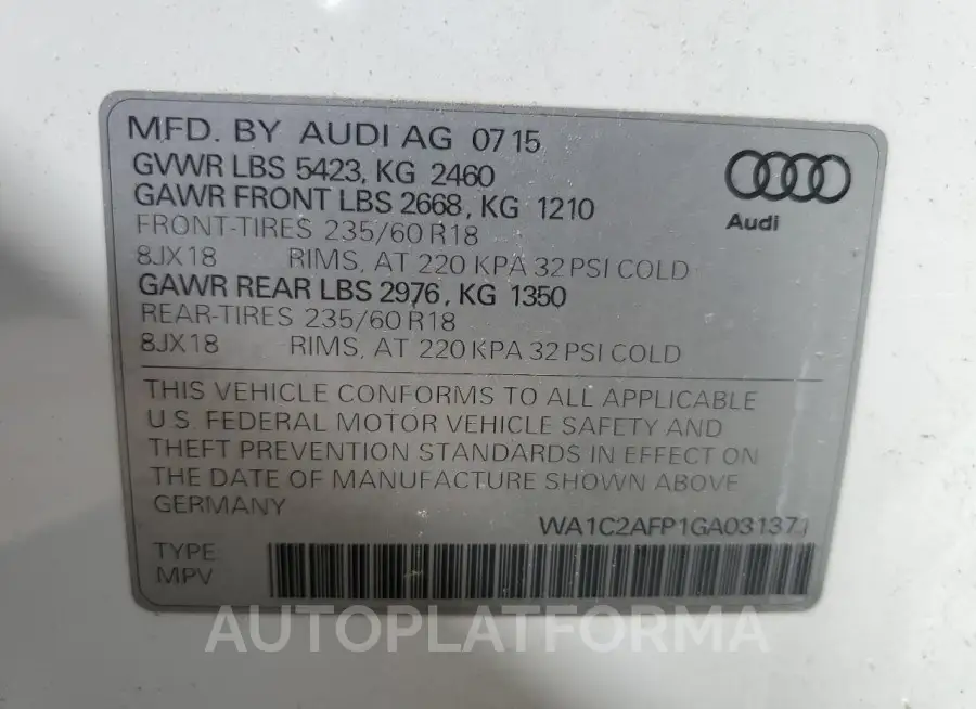 AUDI Q5 PREMIUM 2016 vin WA1C2AFP1GA031371 from auto auction Copart