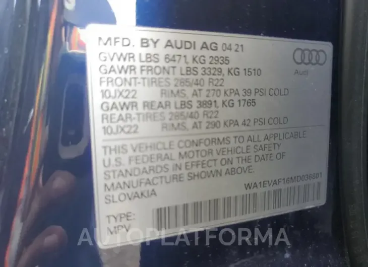 AUDI Q8 PREMIUM 2021 vin WA1EVAF16MD036801 from auto auction Copart