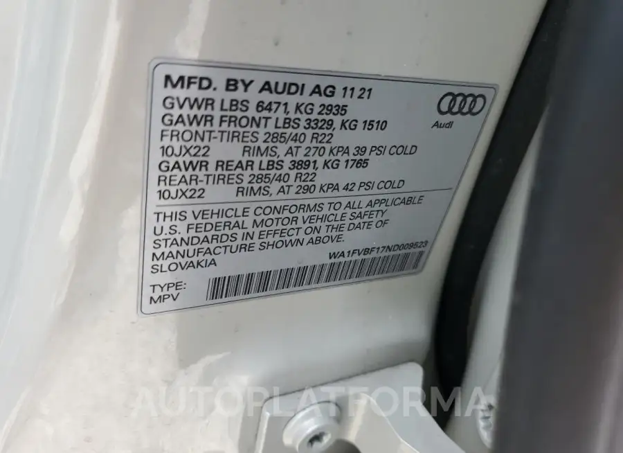 AUDI Q8 PRESTIG 2022 vin WA1FVBF17ND009523 from auto auction Copart