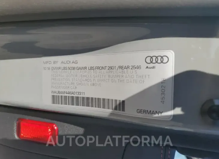 AUDI S4 PREMIUM 2019 vin WAUB4AF44KA013311 from auto auction Copart