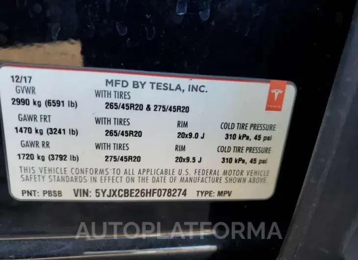 TESLA MODEL X 2017 vin 5YJXCBE26HF078274 from auto auction Copart