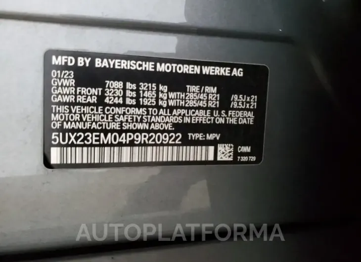 BMW X7 XDRIVE4 2023 vin 5UX23EM04P9R20922 from auto auction Copart