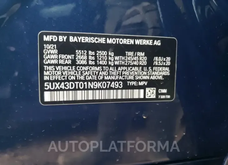 BMW X4 M40I 2022 vin 5UX43DT01N9K07493 from auto auction Copart