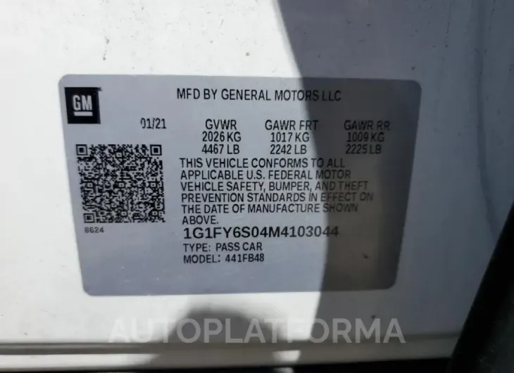 CHEVROLET BOLT EV LT 2021 vin 1G1FY6S04M4103044 from auto auction Copart