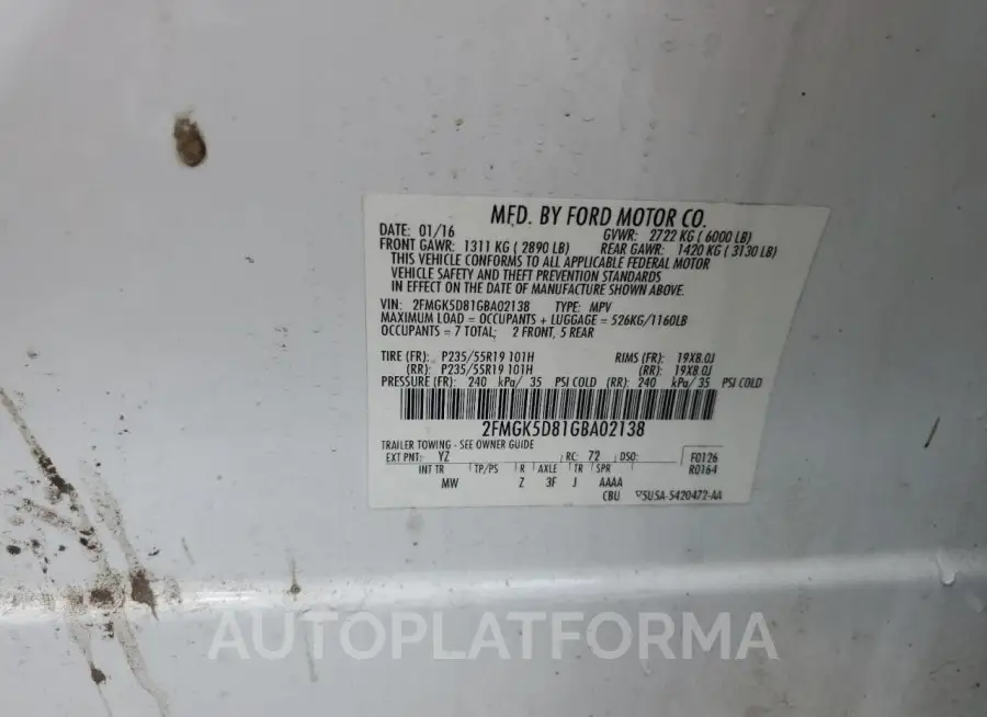 FORD FLEX LIMIT 2016 vin 2FMGK5D81GBA02138 from auto auction Copart