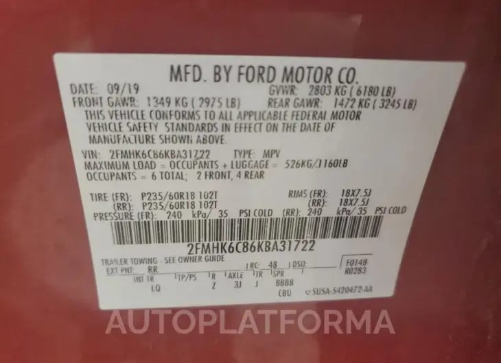 FORD FLEX SEL 2019 vin 2FMHK6C86KBA31722 from auto auction Copart