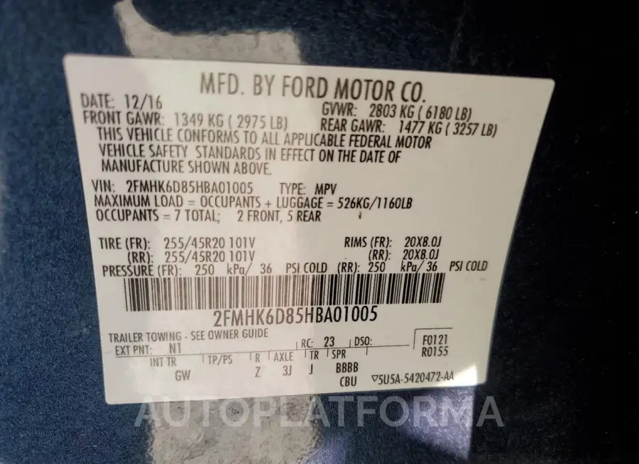 FORD FLEX LIMIT 2017 vin 2FMHK6D85HBA01005 from auto auction Copart