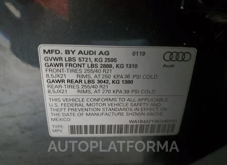 AUDI SQ5 PREMIU 2019 vin WA1B4AFY3K2050151 from auto auction Copart