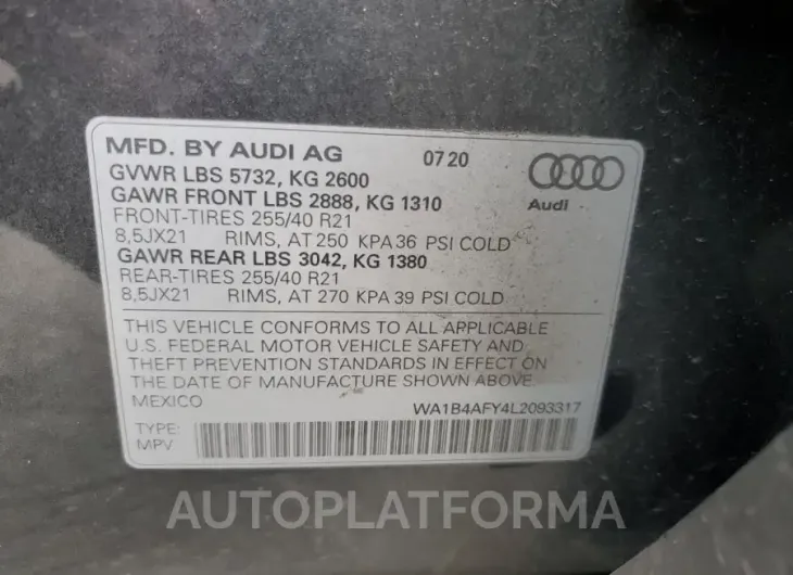 AUDI SQ5 PREMIU 2020 vin WA1B4AFY4L2093317 from auto auction Copart