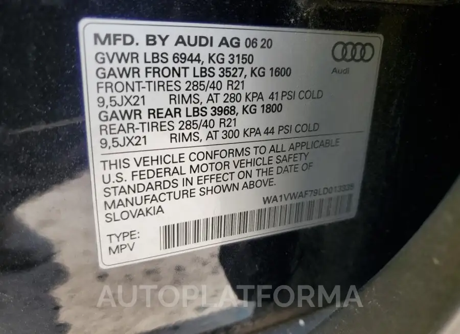 AUDI SQ7 PRESTI 2020 vin WA1VWAF79LD013335 from auto auction Copart