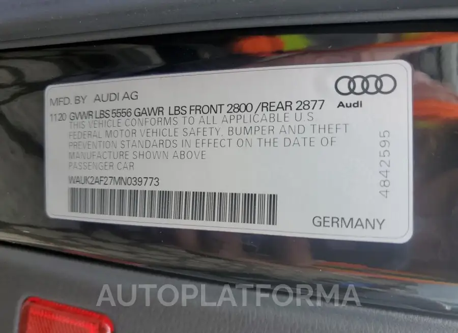 AUDI A6 PREMIUM 2021 vin WAUK2AF27MN039773 from auto auction Copart