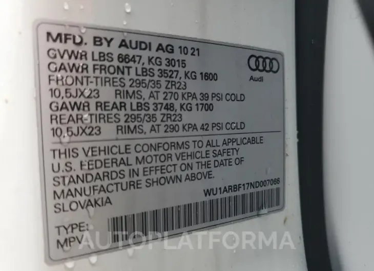 AUDI RS Q8 2022 vin WU1ARBF17ND007066 from auto auction Copart