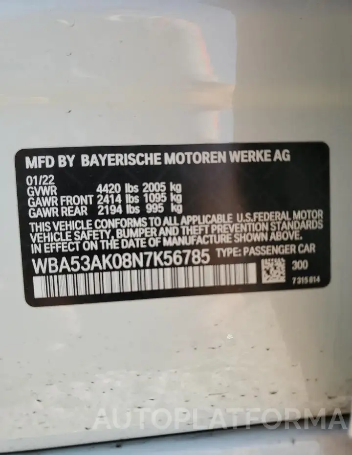 BMW 228I 2022 vin WBA53AK08N7K56785 from auto auction Copart