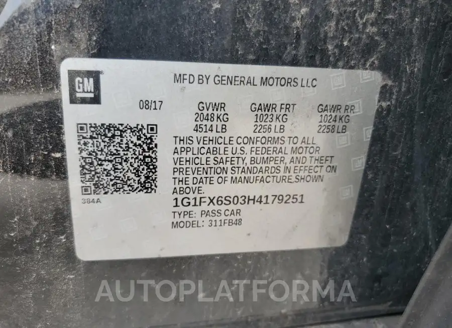 CHEVROLET BOLT EV PR 2017 vin 1G1FX6S03H4179251 from auto auction Copart