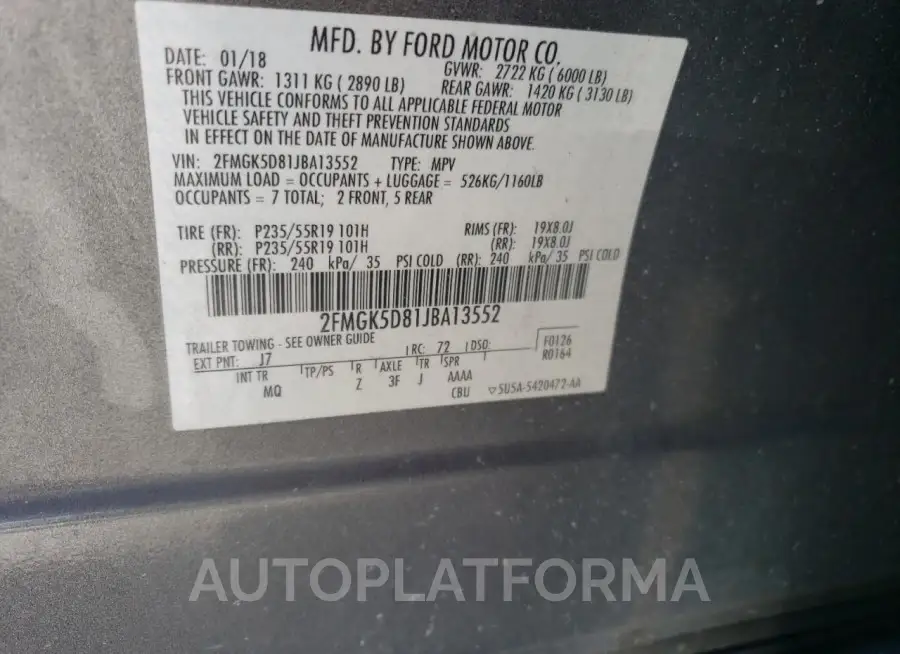 FORD FLEX LIMIT 2018 vin 2FMGK5D81JBA13552 from auto auction Copart