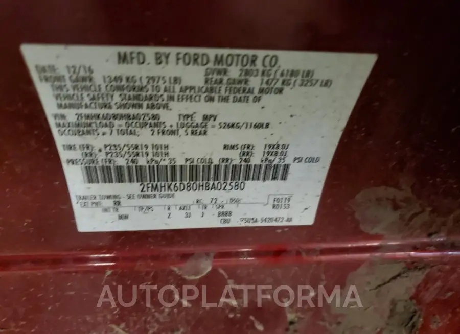 FORD FLEX LIMIT 2017 vin 2FMHK6D80HBA02580 from auto auction Copart