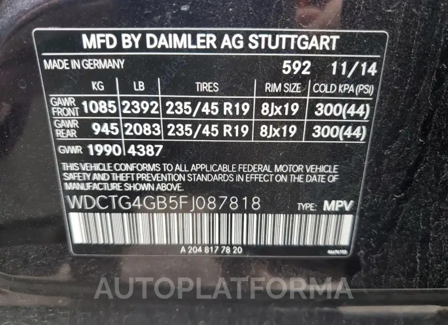 MERCEDES-BENZ GLA 250 4M 2015 vin WDCTG4GB5FJ087818 from auto auction Copart