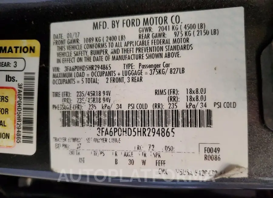 FORD FUSION SE 2017 vin 3FA6P0HD5HR294865 from auto auction Copart