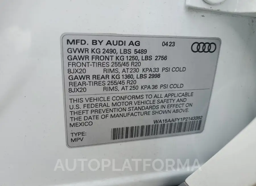 AUDI Q5 SPORTBA 2023 vin WA15AAFY1P2143392 from auto auction Copart