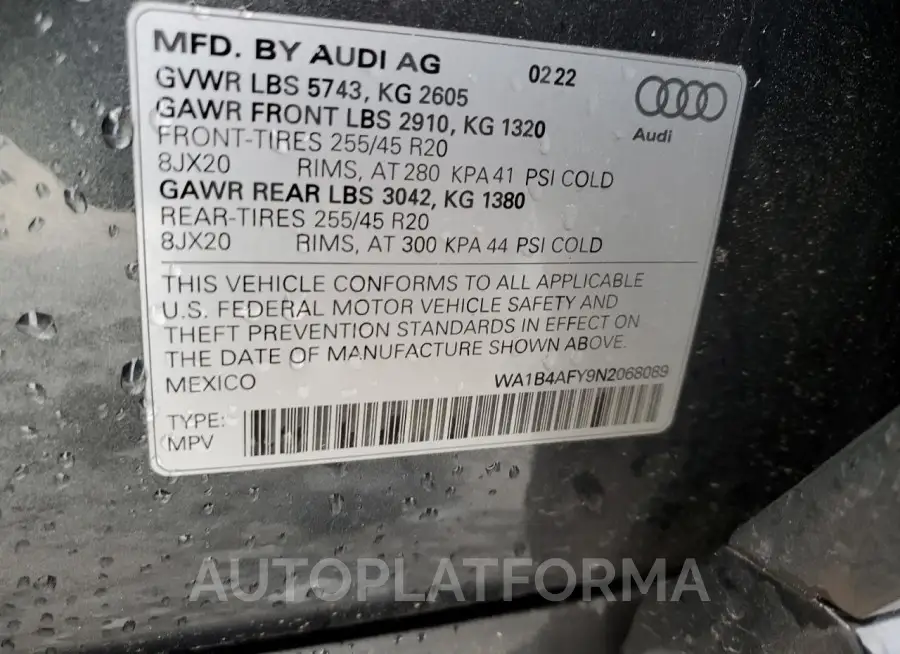 AUDI SQ5 PREMIU 2022 vin WA1B4AFY9N2068089 from auto auction Copart