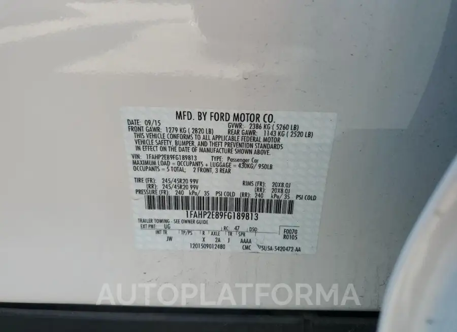 FORD TAURUS SEL 2015 vin 1FAHP2E89FG189813 from auto auction Copart