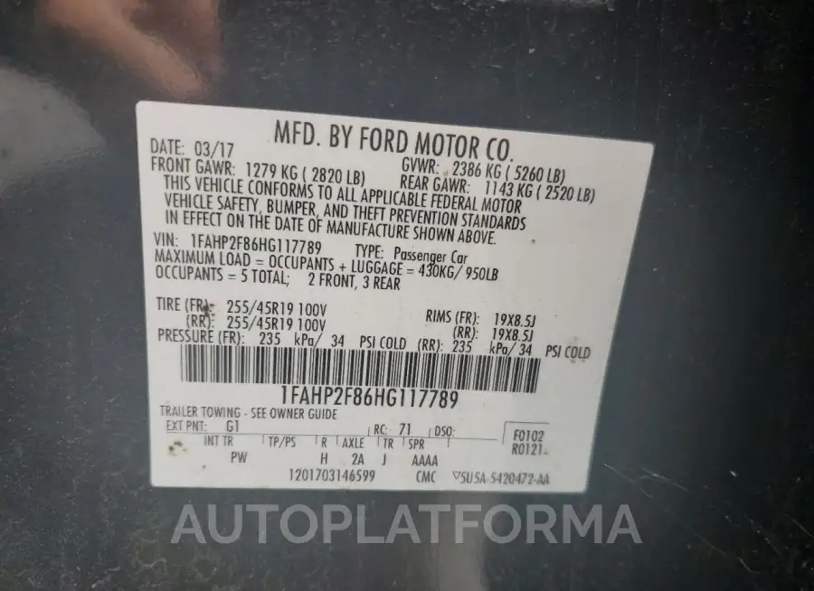 FORD TAURUS LIM 2017 vin 1FAHP2F86HG117789 from auto auction Copart