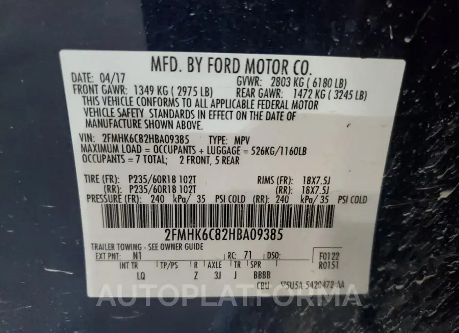 FORD FLEX SEL 2017 vin 2FMHK6C82HBA09385 from auto auction Copart