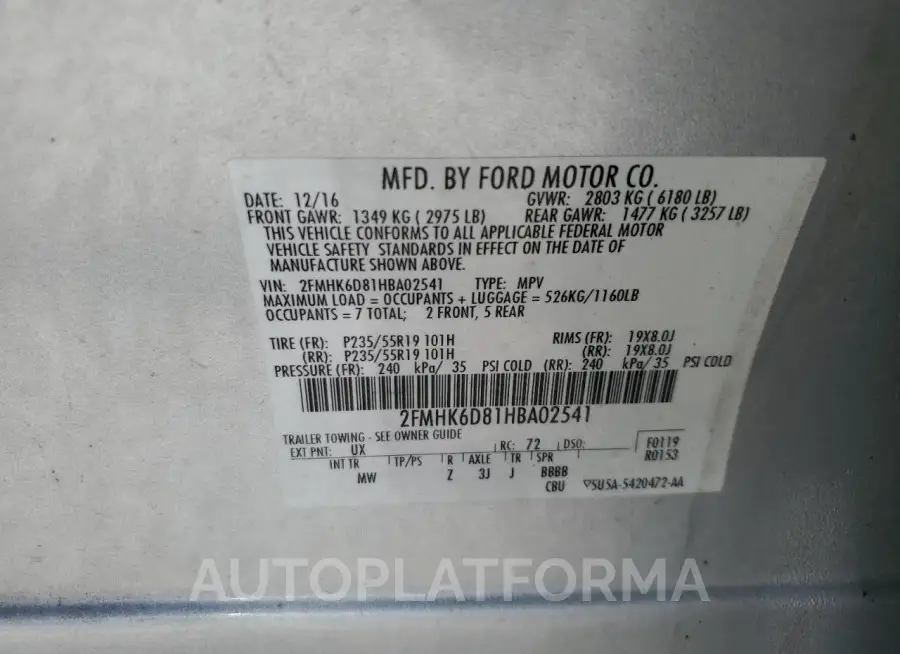 FORD FLEX LIMIT 2017 vin 2FMHK6D81HBA02541 from auto auction Copart