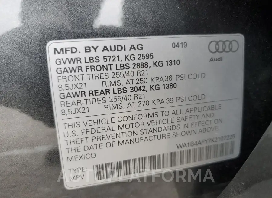 AUDI SQ5 PREMIU 2019 vin WA1B4AFY7K2107225 from auto auction Copart