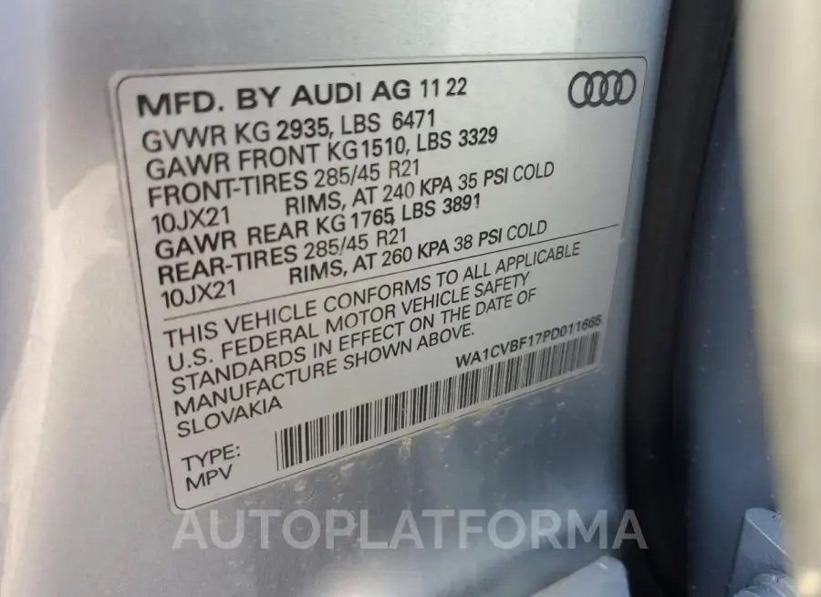 AUDI Q8 PRESTIG 2023 vin WA1CVBF17PD011665 from auto auction Copart