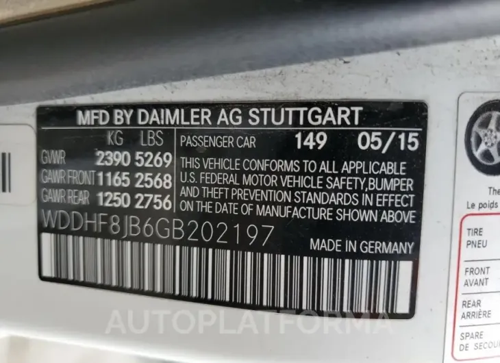 MERCEDES-BENZ E 350 4MAT 2016 vin WDDHF8JB6GB202197 from auto auction Copart