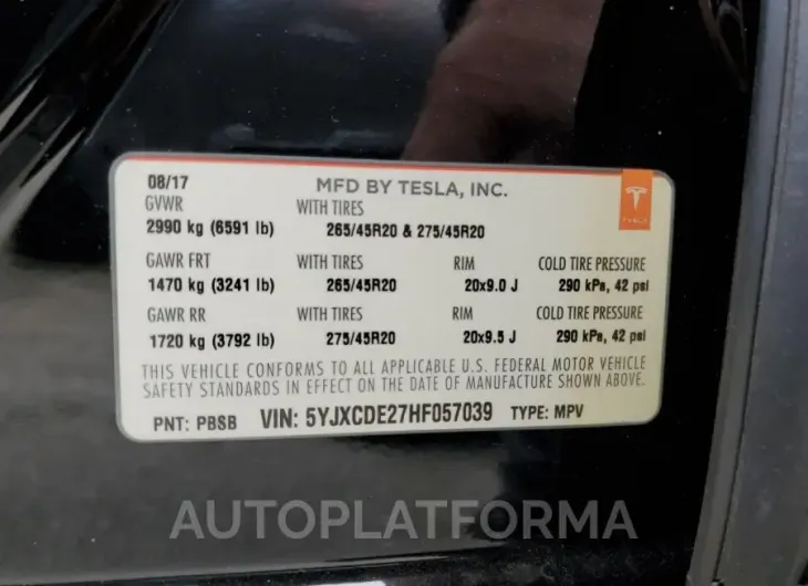 TESLA MODEL X 2017 vin 5YJXCDE27HF057039 from auto auction Copart