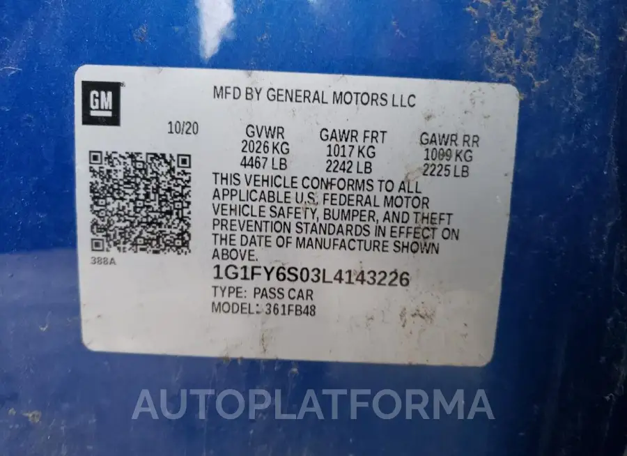 CHEVROLET BOLT EV LT 2020 vin 1G1FY6S03L4143226 from auto auction Copart