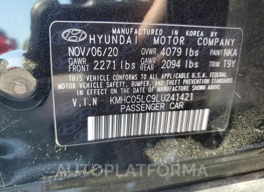 HYUNDAI IONIQ LIMI 2020 vin KMHC05LC9LU241421 from auto auction Copart