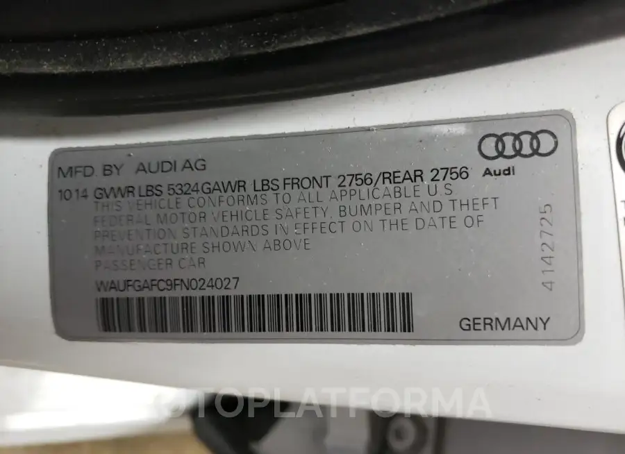 AUDI A6 PREMIUM 2015 vin WAUFGAFC9FN024027 from auto auction Copart