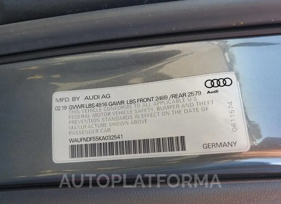 AUDI A5 PRESTIG 2019 vin WAUFNDF55KA032541 from auto auction Copart