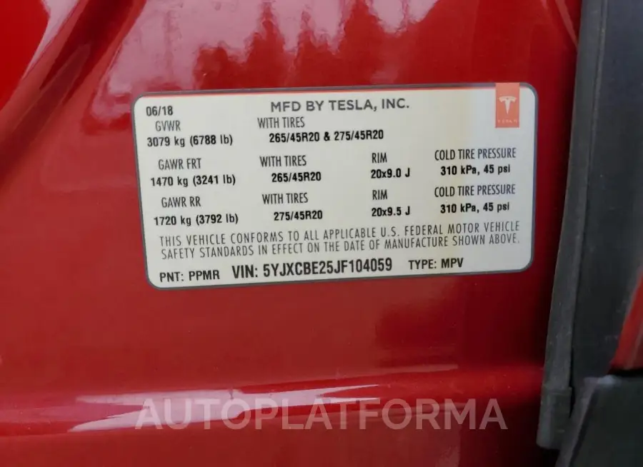 TESLA MODEL X 2018 vin 5YJXCBE25JF104059 from auto auction Copart